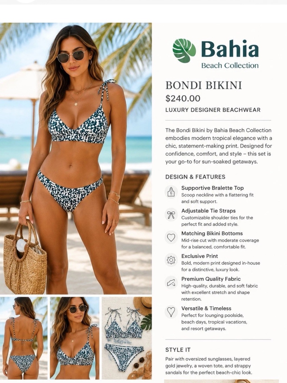 Bahia Bondi Bikini Luxury Beachwear Designer, High-End Summer Essential $240 Med